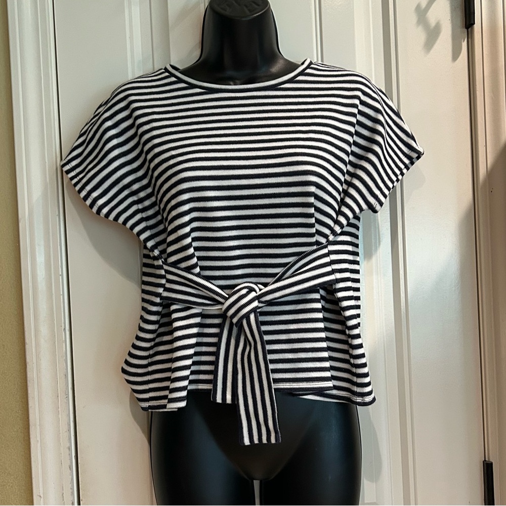 Express Striped Tie Front Knit Short Sleeve Top.
